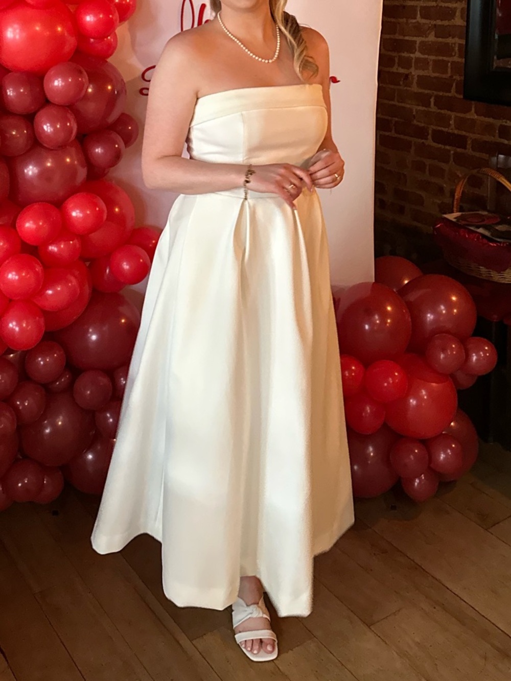 Strapless Ivory Midi Dress with Pleated Skirt - Picture 2 of 4